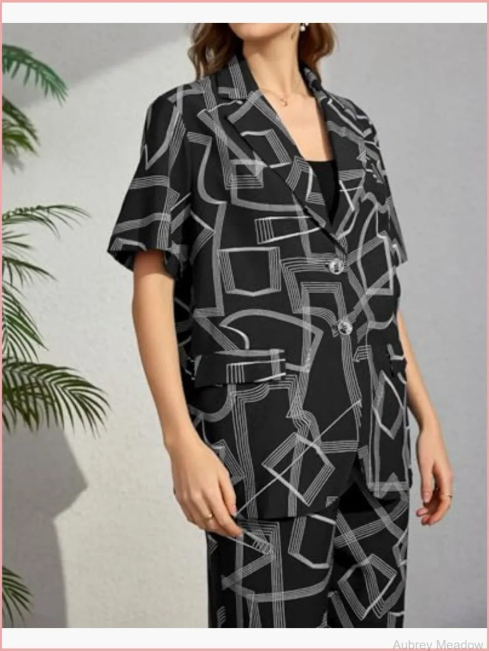 Short Sleeve V-Neck Blazer Business Casual Geometric Print Summer Coat